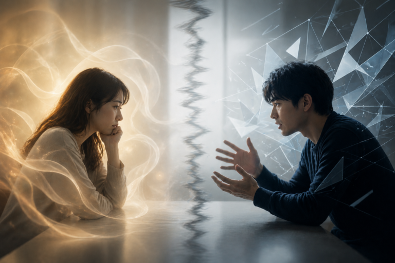 相談で共感を求める女性と解決策を伝える男性のすれ違いを表現したコミュニケーションの対立イメージ