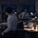 定時後の薄暗いオフィスで、出口は開いているのに、社員の体に見えない鎖が絡みつき、上司や周囲の視線によって席を立てなくなっている様子。退社は自由なはずなのに、評価不安や同調圧力によって帰りづらくなる「見えない首輪」の構造を表している。