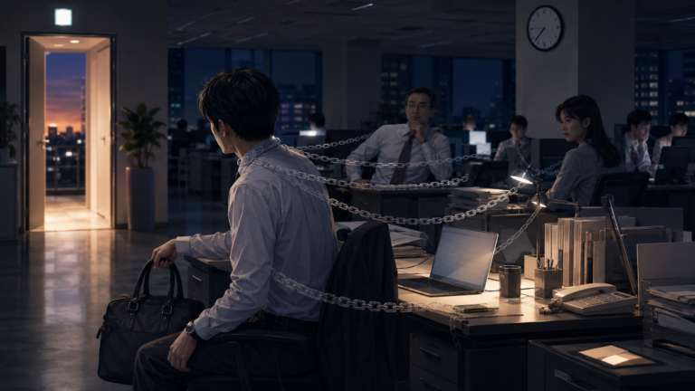 定時後の薄暗いオフィスで、出口は開いているのに、社員の体に見えない鎖が絡みつき、上司や周囲の視線によって席を立てなくなっている様子。退社は自由なはずなのに、評価不安や同調圧力によって帰りづらくなる「見えない首輪」の構造を表している。