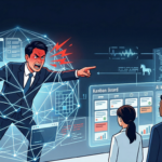 怒号を上げる上司の背後に、歪んだ矢印や責任の流れを示す線が絡まり、手前の部下たちが確認メモやタスク表を見ながら事実を整理している。上司の失敗が部下へ押し付けられないよう、責任の流れを見える場所へ移す構造を表現したデジタルイラスト。