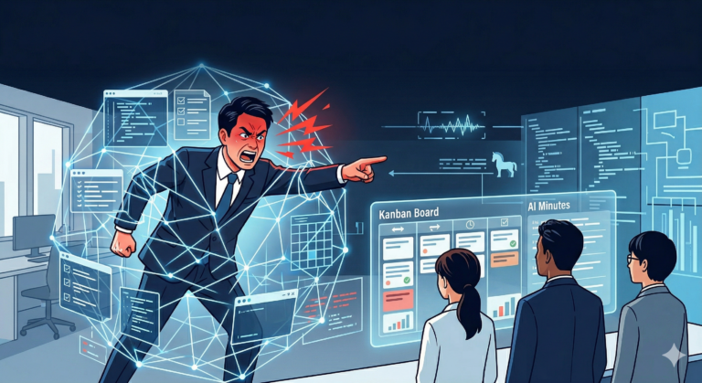 怒号を上げる上司の背後に、歪んだ矢印や責任の流れを示す線が絡まり、手前の部下たちが確認メモやタスク表を見ながら事実を整理している。上司の失敗が部下へ押し付けられないよう、責任の流れを見える場所へ移す構造を表現したデジタルイラスト。