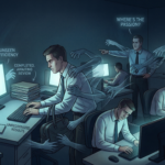 薄暗いオフィスで、仕事を終えた社員が帰ろうとしている一方、遅くまで机に向かう同僚が上司から評価されている様子。成果や生産性ではなく、残業姿や苦労感が評価されてしまう構造を表している。