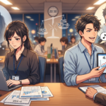 オフィスで、真面目にパソコンに向かうものの浮かない表情の女性と、上司に笑顔でタブレットを見せて評価されている男性の対比。背景の天秤は男性側に傾いている。