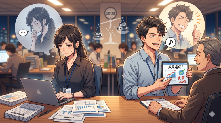 オフィスで、真面目にパソコンに向かうものの浮かない表情の女性と、上司に笑顔でタブレットを見せて評価されている男性の対比。背景の天秤は男性側に傾いている。