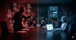 暗い会議室で激昂し精神論を説く上司と、その対比として右側に描かれた、ノートPCとホログラムのデータ画面を操作して冷静に業務を効率化するAIロボットの構図。精神論による組織の停滞と、システムによる構造攻略の対比イメージ。