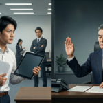 「報連相を求める一方で部下の話を遮断する上司と、困惑する部下の対比。確証バイアスによってコミュニケーションが断絶している日本のオフィス風景」