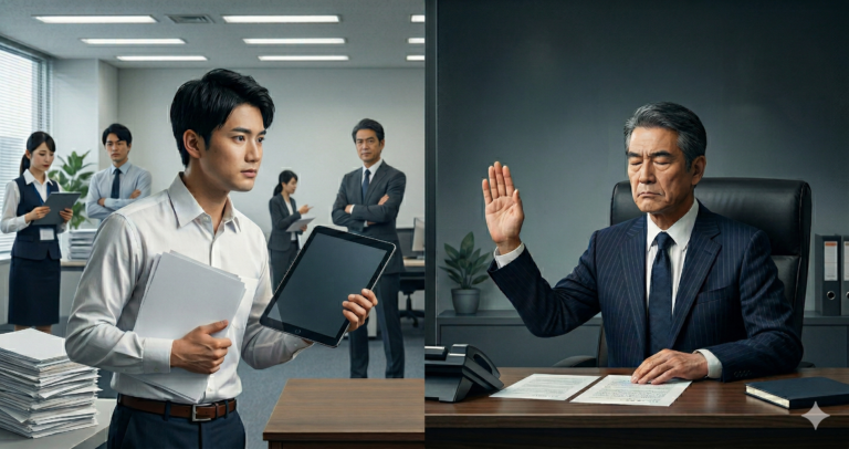 「報連相を求める一方で部下の話を遮断する上司と、困惑する部下の対比。確証バイアスによってコミュニケーションが断絶している日本のオフィス風景」