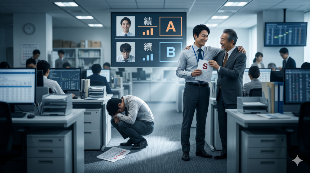 理不尽さを伝えるために、評価の結果に絶望して崩れ落ちる人物と、その横で上司に気に入られて高評価を得ている人物を対比させた構図にしました。ゴルフの要素を排除し、オフィス内での人間関係や評価の不公平さを視覚的に表現しています。