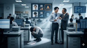 理不尽さを伝えるために、評価の結果に絶望して崩れ落ちる人物と、その横で上司に気に入られて高評価を得ている人物を対比させた構図にしました。ゴルフの要素を排除し、オフィス内での人間関係や評価の不公平さを視覚的に表現しています。