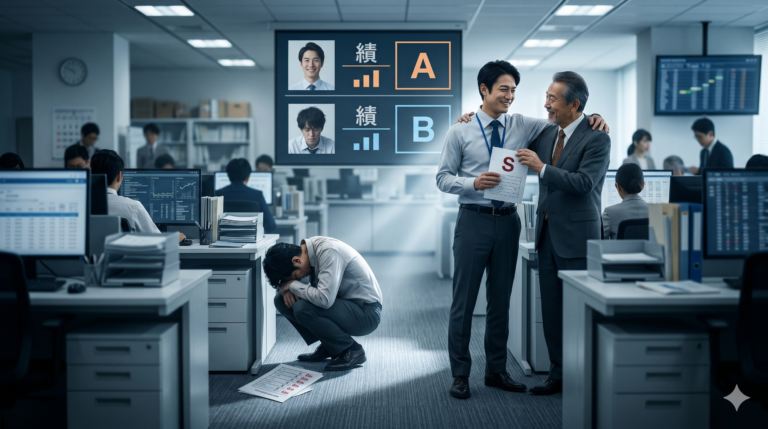 理不尽さを伝えるために、評価の結果に絶望して崩れ落ちる人物と、その横で上司に気に入られて高評価を得ている人物を対比させた構図にしました。ゴルフの要素を排除し、オフィス内での人間関係や評価の不公平さを視覚的に表現しています。