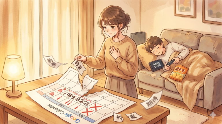記念日を忘れてゲームをする彼氏と、期待が外れて悲しむ彼女