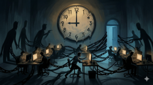 「薄暗いオフィスの中央に、針が**『21:00（9時）』**を指して止まった大きな時計があり、文字盤が崩れ落ちている。その下で、デスクに向かう社員たちの暗い『影』が、床を這って延々と後ろに伸び、隣の社員の影と絡み合い、出口を完全に塞ぐ『黒い鎖』と化している。これは、記事で解説される『残業が標準（初期設定）』であるデフォルト効果と、周囲の行動が正しいと思い込む社会的証明（同調圧力）という、組織のバグが作り出す閉塞感を象徴している。」