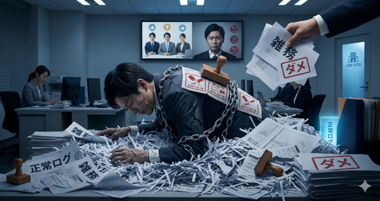 過去のミスを示す日付や「ダメ」というスタンプを全身に押され、鎖で縛られたまま大量の雑務（書類）に埋もれるビジネスマンのイラスト。一度貼られた「無能のレッテル」から逃れられず、挽回のチャンスを奪われた絶望的な職場の状況。