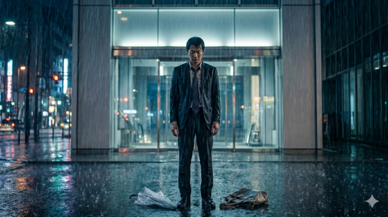 夜のオフィスビルの前、激しい雨の中で傘も差さず、絶望した表情で立ち尽くすびしょ濡れの日本人サラリーマン。足元には落ちた傘とカバンがあり、意思決定疲労で一歩も動けなくなった限界状態を表現したイメージ。