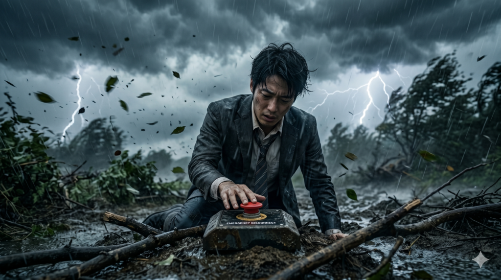 暴風雨と雷鳴の中、泥だらけのスーツ姿で跪き、必死の形相で、赤い緊急停止ボタンを押す日本人男性。退職代行という最後の手段を、限界状況からの脱出として描いたイメージ。