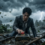 暴風雨と雷鳴の中、泥だらけのスーツ姿で跪き、必死の形相で、赤い緊急停止ボタンを押す日本人男性。退職代行という最後の手段を、限界状況からの脱出として描いたイメージ。