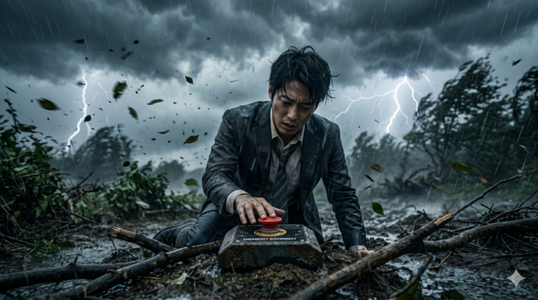 暴風雨と雷鳴の中、泥だらけのスーツ姿で跪き、必死の形相で、赤い緊急停止ボタンを押す日本人男性。退職代行という最後の手段を、限界状況からの脱出として描いたイメージ。