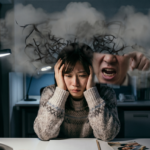深夜のオフィスで、デスクで頭を抱え、絶望的な表情で苦悩する女性社員。彼女の周囲には、上司と思われる男性の怒鳴る顔や、複雑に絡み合った黒い思考の霧が立ち込め、精神的な呪縛と停滞感を表現している。手元のデスクには、白紙の書類と、裏返された写真が置かれている。