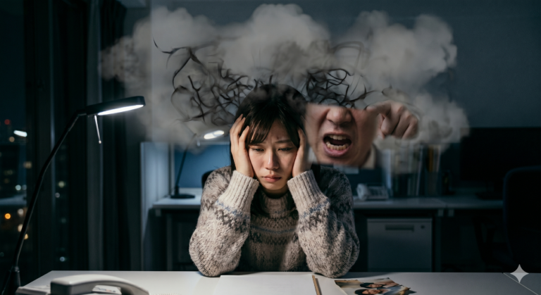 深夜のオフィスで、デスクで頭を抱え、絶望的な表情で苦悩する女性社員。彼女の周囲には、上司と思われる男性の怒鳴る顔や、複雑に絡み合った黒い思考の霧が立ち込め、精神的な呪縛と停滞感を表現している。手元のデスクには、白紙の書類と、裏返された写真が置かれている。
