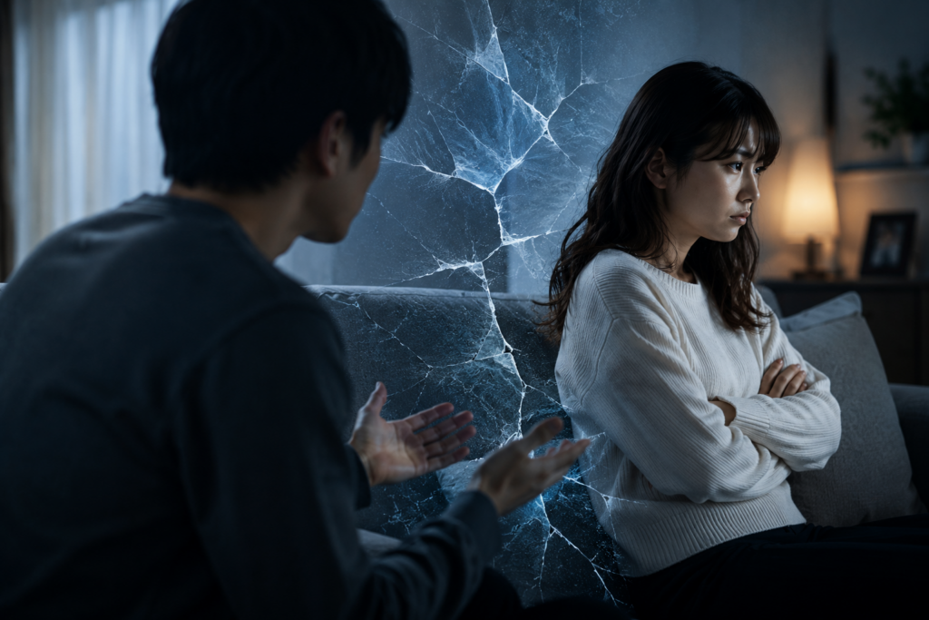 感情的に距離ができたカップルが同じソファに座り、男性が話しかけようとしている一方で、女性は腕を組んで目をそらしている。二人の間にはひび割れのような演出が入り、恋愛関係の断絶や「察してほしい」空気感を表現している。