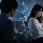 感情的に距離ができたカップルが同じソファに座り、男性が話しかけようとしている一方で、女性は腕を組んで目をそらしている。二人の間にはひび割れのような演出が入り、恋愛関係の断絶や「察してほしい」空気感を表現している。