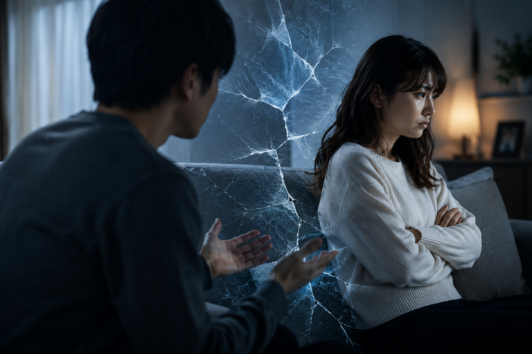 感情的に距離ができたカップルが同じソファに座り、男性が話しかけようとしている一方で、女性は腕を組んで目をそらしている。二人の間にはひび割れのような演出が入り、恋愛関係の断絶や「察してほしい」空気感を表現している。