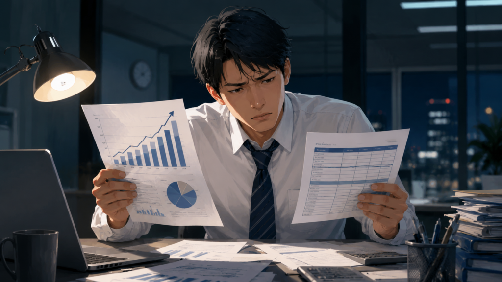 成果を出しているのに給料が上がらず、評価シートと給与明細を見比べて悩むビジネスパーソン。