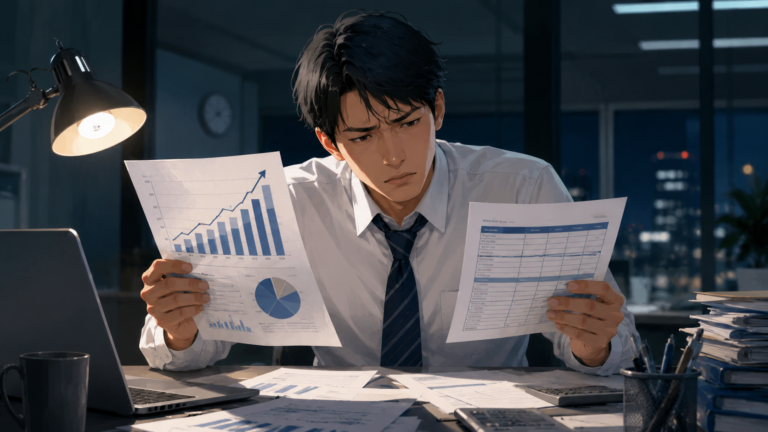 成果を出しているのに給料が上がらず、評価シートと給与明細を見比べて悩むビジネスパーソン。