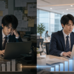 同じ職種で働いているのに、会社規模の違いによって給料に差が出ている2人のビジネスパーソン