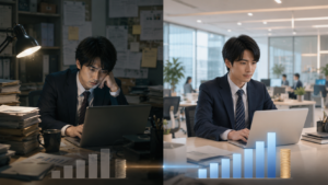 同じ職種で働いているのに、会社規模の違いによって給料に差が出ている2人のビジネスパーソン