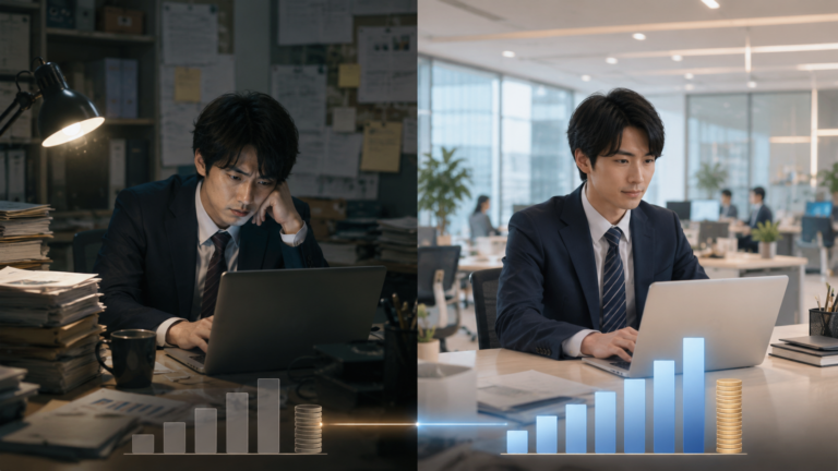 同じ職種で働いているのに、会社規模の違いによって給料に差が出ている2人のビジネスパーソン