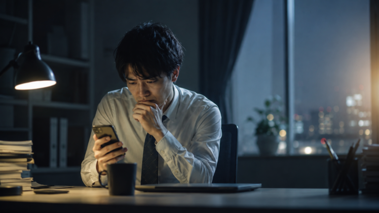 夜のオフィスでスマホを見ながら退職代行を使うべきか悩む会社員