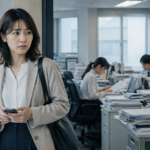 退職代行を使うべきか悩み、同僚への迷惑や引き継ぎへの罪悪感を抱えながらオフィスの出口でスマホを持つ会社員