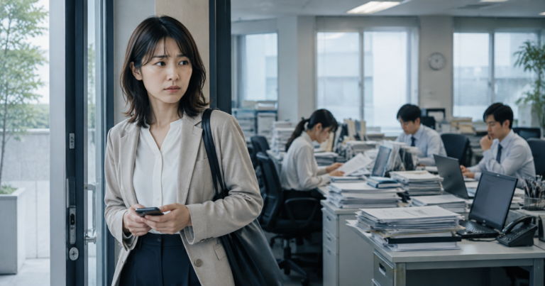 退職代行を使うべきか悩み、同僚への迷惑や引き継ぎへの罪悪感を抱えながらオフィスの出口でスマホを持つ会社員