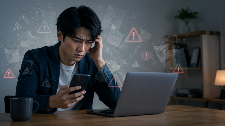 退職代行を調べるほど違法・非弁・トラブルの情報が不安になり、スマホとパソコンを前に判断停止している会社員