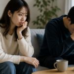 身近な人が退職代行を使おうとしていることに不安を感じ、落ち込む相手の隣で心配そうに見守る女性