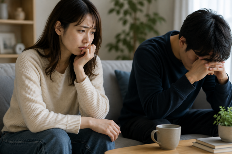 身近な人が退職代行を使おうとしていることに不安を感じ、落ち込む相手の隣で心配そうに見守る女性