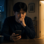 夜の部屋でスマホを見つめながら、退職に関する決断を前に不安そうな表情で考え込む若い男性