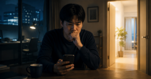 夜の部屋でスマホを見つめながら、退職に関する決断を前に不安そうな表情で考え込む若い男性