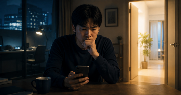 夜の部屋でスマホを見つめながら、退職に関する決断を前に不安そうな表情で考え込む若い男性