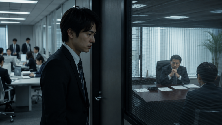 緊張感のある会議室の前で、退職を切り出せず不安そうに立ち尽くす若い会社員