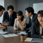 退職代行で同僚が辞めた後、会議室で怒りをぶつけ合う社員たちの横で、一人の若い社員が違和感を抱えながら黙っている様子