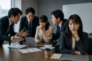 退職代行で同僚が辞めた後、会議室で怒りをぶつけ合う社員たちの横で、一人の若い社員が違和感を抱えながら黙っている様子