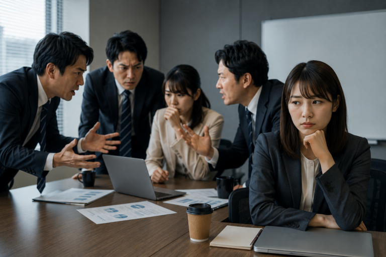 退職代行で同僚が辞めた後、会議室で怒りをぶつけ合う社員たちの横で、一人の若い社員が違和感を抱えながら黙っている様子