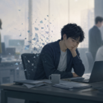 オフィスでノートパソコンを前にうつむき、自信を失ったように座る会社員