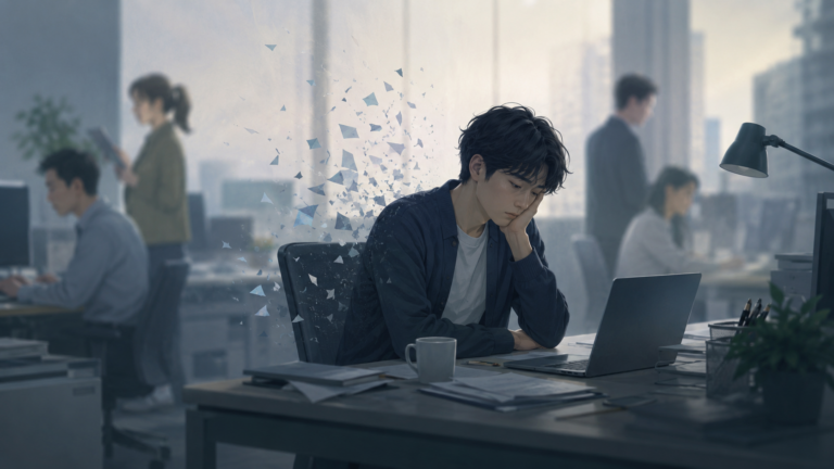 オフィスでノートパソコンを前にうつむき、自信を失ったように座る会社員