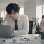 仕事がうまくいかず、デスクで悩む会社員