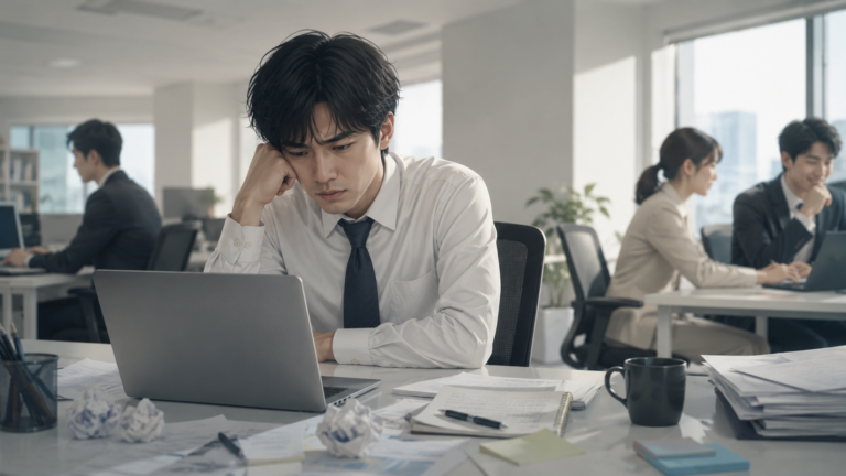 仕事がうまくいかず、デスクで悩む会社員