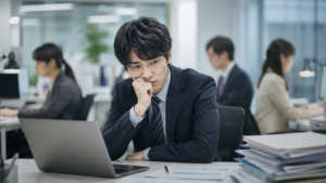 周囲が働くオフィスで、向いていない仕事を辞めるか悩む会社員