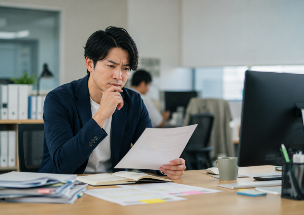 書類を見ながら、自分が仕事に向いているのか悩む会社員